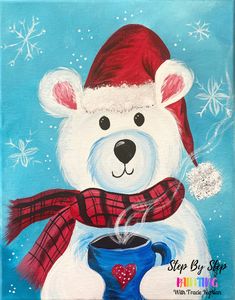 a painting of a polar bear wearing a santa hat and scarf drinking from a cup