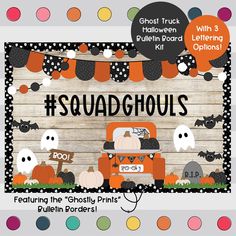 a sign that says squadghous with pumpkins and ghost on the side of it