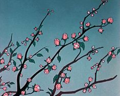 a painting of a tree with pink flowers on it's branches against a blue sky