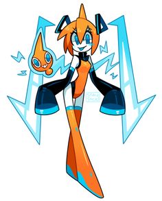 an orange and black cartoon character with long hair, holding a blue object in her hand