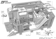 a drawing of the inside of an airplane with its door open and some parts labelled