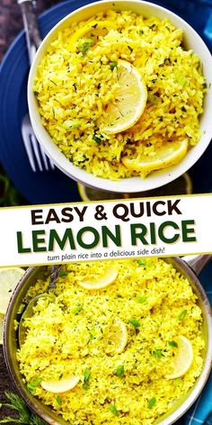 lemon rice in a white bowl on top of a blue plate with the words easy and quick lemon rice