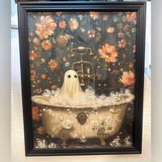 a painting of a bathtub with a ghost in it and flowers on the wall