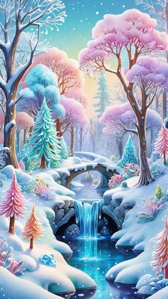 a painting of a snowy landscape with trees and a stream