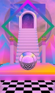 an abstract scene with stairs and a ball in the center on a checkerboard floor