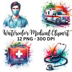 watercolor medical clipart with doctors and first aid