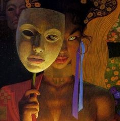 a painting of a woman holding a mask over her face