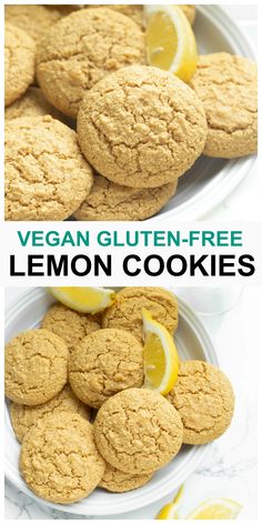 vegan gluten - free lemon cookies on a white plate with the title above it