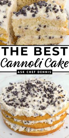 the best cannoli cake with chocolate chips and cream frosting is on a white plate