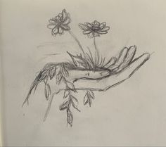 a pencil drawing of a hand holding flowers