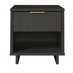 a black nightstand with a drawer on the top and one drawer open to reveal an empty space