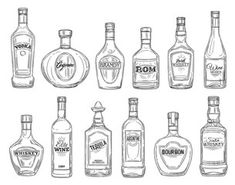 a line drawing of different types of liquor bottles