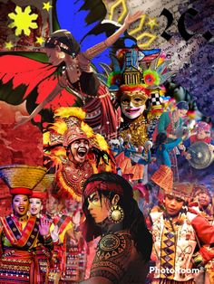 a collage of people dressed in colorful costumes and headdresses, all with masks on their faces