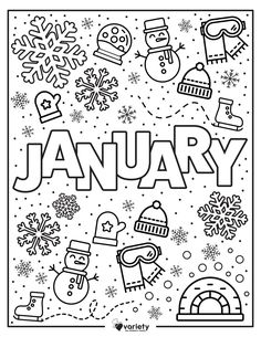 the word january is surrounded by snowflakes and other winter related items in black and white