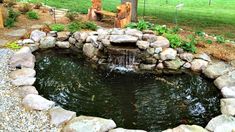 a small pond with rocks around it and a fire hydrant in the back ground