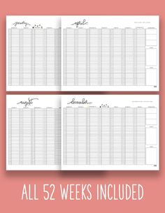 the printable planner for all 52 week's included is shown in three different sizes