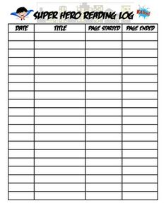 a printable super hero reading log with the title's name and time to read