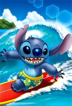 the cartoon character lilon is surfing in the ocean with his arms out and eyes wide open