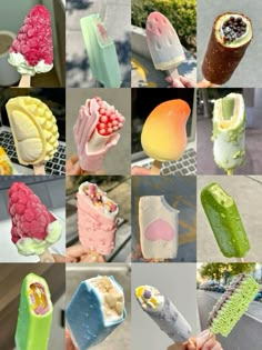 many different types of ice creams and popsicles are being held up to the camera