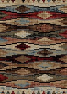 an area rug with many different colors and patterns on the wood floor, including red, brown