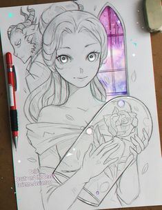 a drawing of a girl holding a rose in front of a stained glass window with a red pen next to it