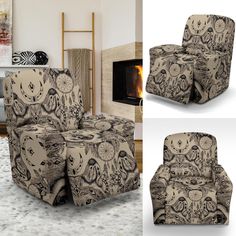 two pictures of the same chair with different designs on it, one has a clock and other