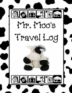 a black and white cow pattern with the words mr moo's travel log