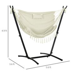 a white hammock with black stand and measurements