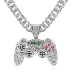 Rhinestone Studded Game Controller and Chain Link Fashion Hip-hop Cuban Pendant Necklace-Necklaces-Innovato Design-Silver-24inch-Innovato Design Africa Pendant, Hip Hop Accessories, Africa Necklace, Wood Inlay Rings, Map Pendant, Masonic Ring, Gemstone Studs, Rhinestone Studs, Cuban Link Chain