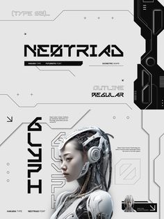 a futuristic woman with headphones on her face and the words neutriad in black