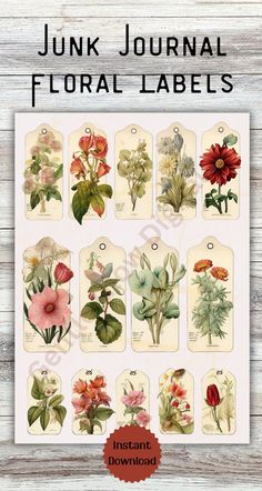 an image of flower labels with the words junk journal floral labels on them in red and green