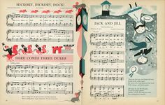 an open book with musical notes and pictures on the pages, including children's clocks