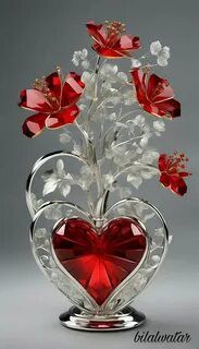 a heart shaped glass vase with flowers and leaves in the shape of a flower arrangement