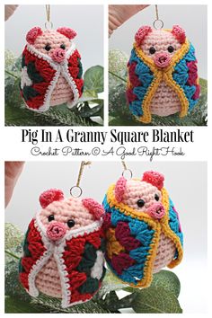 crocheted pig in a granny square blanket ornament with text overlay