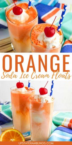 orange soda ice cream floats with cherries and whipped cream on top in glasses