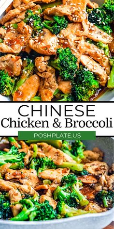 chicken and broccoli in a skillet with the title above it reads chinese chicken and broccoli