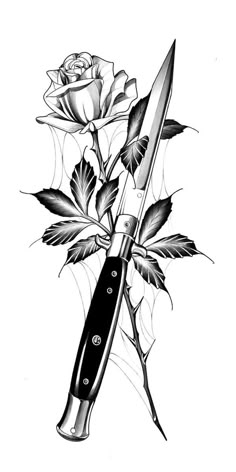 a black and white drawing of a knife with roses