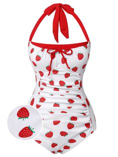 [Pre-Sale] Red 1960s Halter Bow Strawberry One-Piece Swimsuit Swimsuits Outfits, Costume Intero, Cute Swimsuits, Swimsuit Dress, Kawaii Clothes, Swimwear Collection, Swim Dress