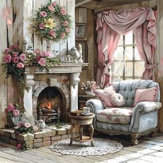 a painting of a living room with flowers on the fireplace and furniture in front of it