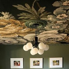 a dining room with green walls and pictures on the ceiling