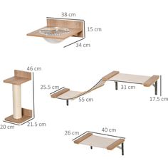 three different sizes of cat furniture with measurements for each one and the other side by side