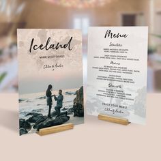 two menus with the names of people standing on rocks in front of an ocean