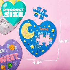 three heart shaped puzzles on a pink background with the words product size below them