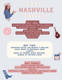 the three day nashville itinerary info sheet is shown in pink, blue and white