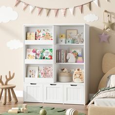 a child's bedroom with a bookcase and toys on the floor in front of it