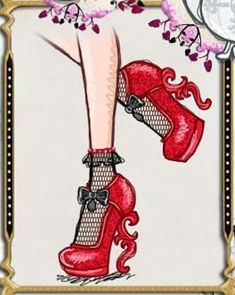 a drawing of a woman's legs with red shoes and flowers in the background