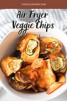 air fryer veggie chips in a white bowl with the title above it