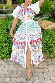 Elegant Short Sleeve Print Single Breasted Pleated Maxi Dress (Without Belt)