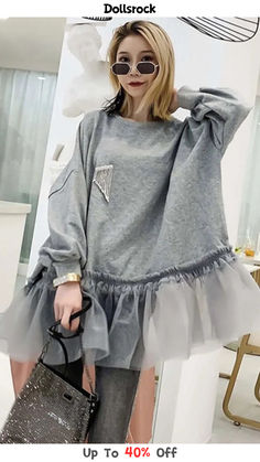 Urban Loose O-neck Hot Diamonds Decor Splicing Mesh Yarn Long Sleeve Sweatshirt Autumn Clothing, Cheap Hoodies, Women Clothes, Looks Vintage, Upcycle Clothes, Elegant Fashion, Clothing Patterns, Diy Clothes, Season Spring