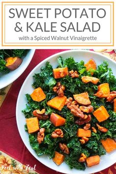 sweet potato and kale salad with a spiced walnut vinaigreate on the side